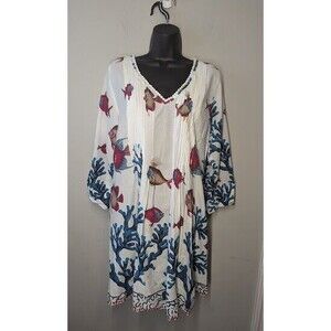 Soft Surroundings Seychelles Tunic Top Women Size M Pleated Coral Fish